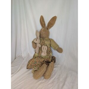 Vintage Long Eared Bunny In Sunflower Dress With Two Bunnies Easter Home Decor